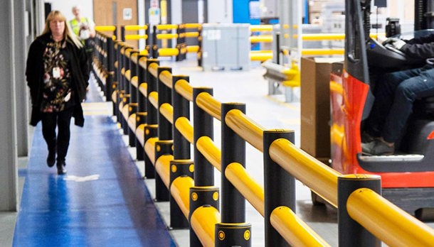 Industrial Polymer Pedestrian Safety Barriers Protecting Walkway from Forklift Impacts