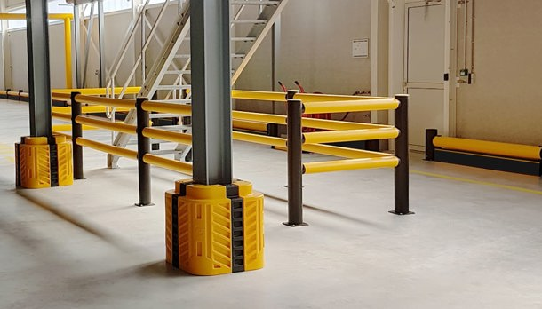 Polymer Safety Barriers and Column Guards Protecting Building, Staircase and Mezzanine