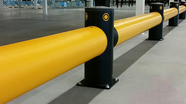 Polymer forklift guardrails with protected base plates