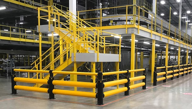 Warehouse Safety Barriers Protecting Stairs and Mezzanine in Distribution Centre